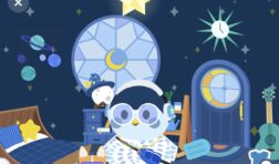 A screenshot of a cartoon finch and a small corgi in a moon and stars themed room.