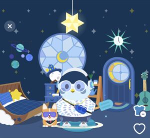 A screenshot of a cartoon finch and a small corgi in a moon and stars themed room.